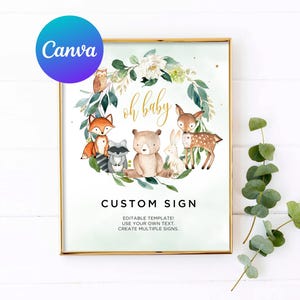 Baby Shower Custom Sign Oh Baby Woodland Animals Forest Greenery Floral Cute Cubs Fawn Outdoor Yard Sign Editable Template Printable