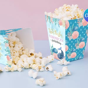 Ocean First Birthday Popcorn Bags Girls Under the Sea Popcorn Box Ocean Life Animals Party Candy Box Digital Printable Editable Template