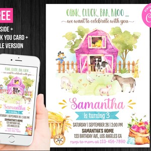 Ferme anniversaire Invitation fille fête animaux de la ferme Merci carte Barnyard Party Evite modèle modifiable Corjl numérique ou imprimé invite