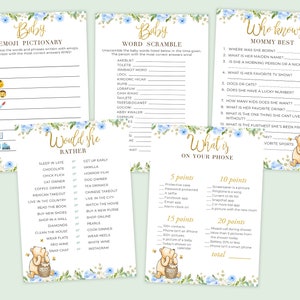 Set of 5 Baby Shower Games Printable Party Decoration Classic Winnie the Pooh Instant Download Digital