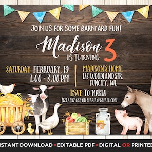 Farm Animals Birthday Invitation Boy Instant Download Boy Barnyard Party Printable Editable Template Farm Digital or Printed Invites