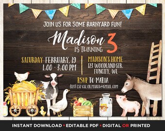 Farm Animals Birthday Invitation Boy Instant Download Boy Barnyard Party Printable Editable Template Farm Digital or Printed Invites