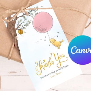 Baby Shower Girl Thank You Tags Printable Classic Winnie the Pooh Pink Balloon Decoration Favor Tag Birthday Party Decor Editable Template