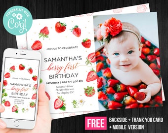 Berry First Birthday Invitation Girl Photo Picture Strawberry Birthday Invitation Editable Template Instant Download Digital Printed Invites