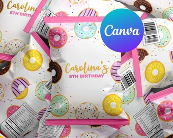 Donut Birthday Chip Bag Labels Girl Donut Miss the Sweet Celebration Party Decoration Pink and Gold Digital Printable Editable Template