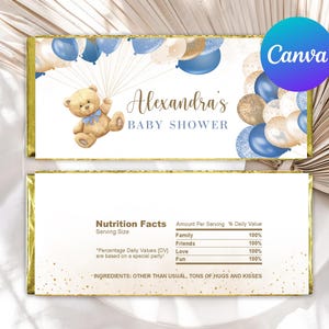 Baby Shower Boy Chocolate Wrapper Teddy Bear Balloon We Can Bearly Wait Blue Balloons Hershey Bar Labels Editable Template Printable