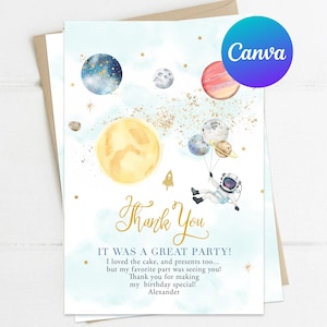 Carte de remerciement pour garçon pour le premier anniversaire de l'espace extra-atmosphérique Premier voyage autour du soleil de l'astronaute Modèle numérique imprimable et modifiable en téléchargement immédiat