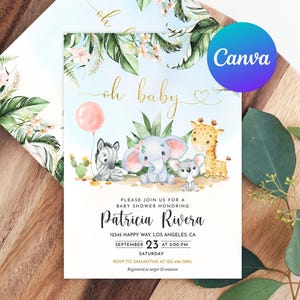 Safari Animals Baby Shower Invitation Wild Jungle Greenery Oh Baby Elephant Giraffe Printable Editable Template Digital or Printed Invite