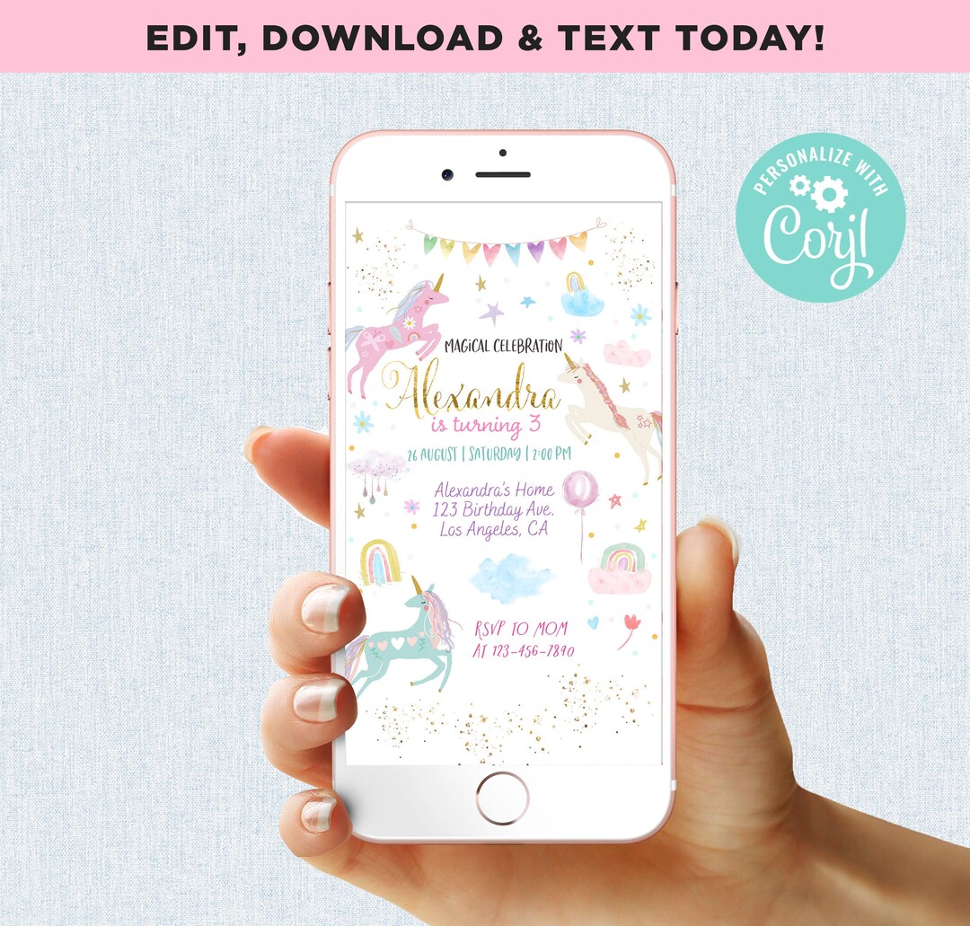 Unicorn Birthday Invitation Girl Instant Download Digital Magical Day ...