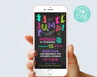 Jump Trampoline Party Birthday Invitation Girl Digital Mobile Phone Electronic Email SMS Invite Bounce House Party Editable Template Corjl