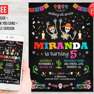 Day of the Dead Birthday Invitation Girl Halloween Party Instant Download Sugar Skull Thank You Card Editable Template Corjl Digital Printed