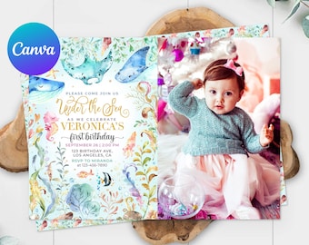 Under the Sea First Birthday Invitation Card Photo Picture Girl Ocean Life Animals Party Invite Seabed Editable Template Digital Printable