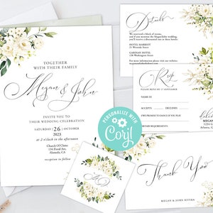 Wedding Invitation Suite Templates Set Printable Editable Instant Download RSVP, Thank You Card, Favor Tag, Details Card White Roses Gold