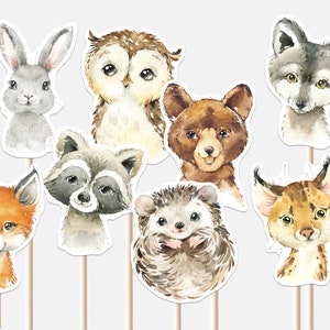 Woodland Animals Centerpieces Baby Shower Forest Greenery Cute Cubs Fox Bear Wolf Racoon Owl Decor Cutouts Cake Topper Printable Digital