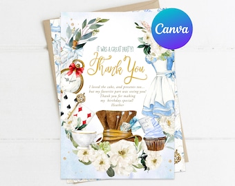 May include: A thank you card with a watercolor illustration of Alice in Wonderland characters and floral elements. The text reads "It was a great party! Thank you. I loved the cake, and presents too... but my favorite part was seeing you! Thank you for making my birthday special! Heather"