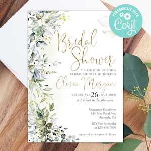 Bridal Shower Invitation Template Printable Instant Download Editable Digital or Printed Greenery Gold Botanical Eucalyptus Leaves Corjl