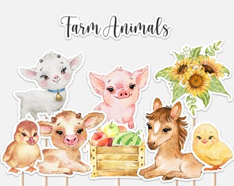 Farm Animals Centerpieces Baby Shower Cute Barn Animals Ranch Greenery Piggy Horse Duck Chick Decor Cutouts Cake Topper Printable Digital