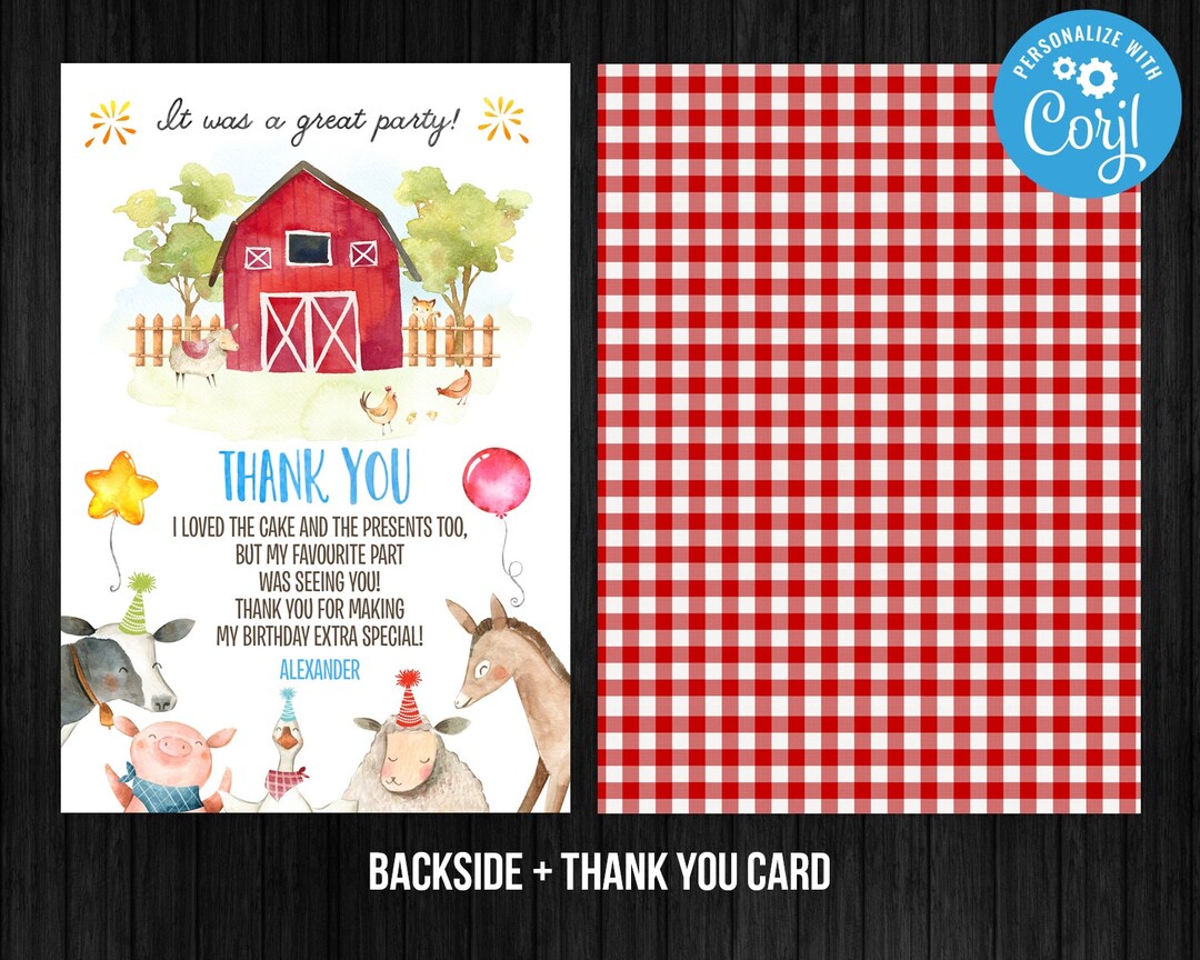Farm Thank You Card Red Gingham Farm Birthday Boy Barnyard Thank You ...