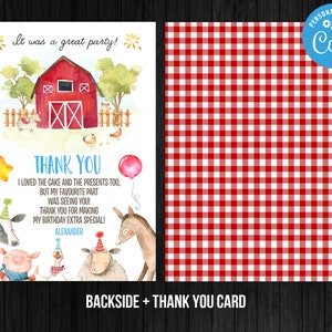 Farm Thank You Card Red Gingham Farm Birthday Boy Barnyard Thank You Card Animals Birthday Digital Instant Download Editable Template Corjl