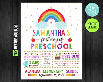 Rainbow First Day or Last Day of Preschool Sign Printable Girl Back to School Sign Editable Template Digital Download Chalkboard Poster