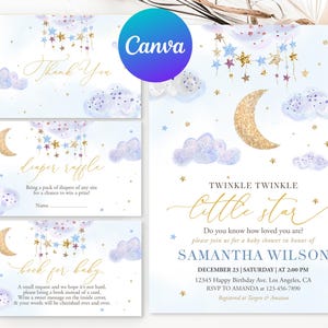 Twinkle Twinkle Little Star babyshower uitnodiging jongen gouden maan en sterren blauw afdrukbare bewerkbare bedankt luier loterij boek verzoekkaart