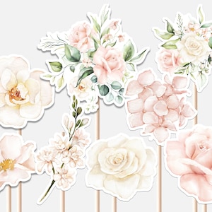 It&#39;s a Girl Centerpieces Baby Shower Decoration Blush Pink and Gold Floral Spring Flower Decor Cutouts Cake Topper Printable Digital