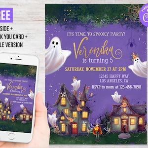 Halloween Birthday Invitation Girl Instant Download Thank You Card Spooktacular Spooky Party Invite Editable Template Corjl Digital Printed