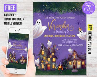 May include: A digital Halloween party invitation with a purple background, featuring a haunted house illustration and floating ghosts. The invitation includes the text "It's Time to Spooky Party!" and details for a birthday party, including the name "Veronika" and the date.