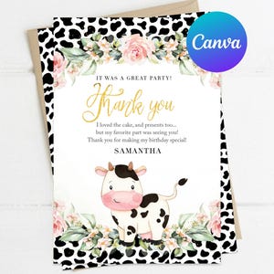 Holy Cow I&#39;m One Thank You Card Cow First Birthday Girl Pink Floral Greenery Farm Girl Instant Download Digital Printable Editable Template