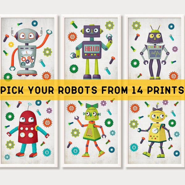 Cute Robots Nursery Wall Art Prints Baby Boy Room Decor Poster Set Framed Canvas Kids Play Room Posters Printable Digital Download