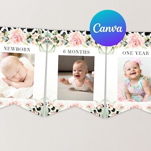 Cow First Birthday Girl Photo Banner Holy Cow I&#39;m One Decorations Farm Girl Pink Floral Greenery Decor Editable Template Digital Printable