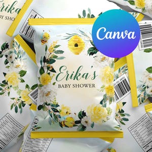 Bee Baby Shower Chip Bags Oh Baybee Little Honey Bee Summer Gold Yellow Flowers Garden Party Editable Bumble Bee Template Printable Digital