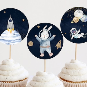 Outer Space Birthday Boy Cupcake Toppers Decoration Astronaut Galaxy Rocket Blast Off Moon Stars Planets Printable Digital Instant Download