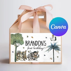 Gdzie mieszkają dzikie stwory Pierwsze urodziny Gable Box Labels Let the Wild Rumpus Start Favor Box Sticker Cyfrowy wydruk Edytowalny szablon