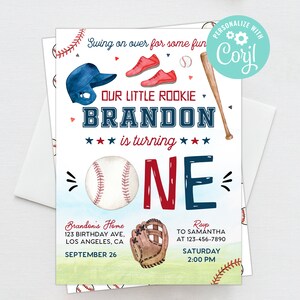 Unser kleiner Rookie ist eine Einladung Erster Geburtstag Baseball Party Einladung Editierbare Vorlage Digitale oder gedruckte Einladungen
