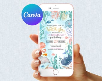 Under the Sea First Birthday Invitation Girl Ocean Life Animals Party Seabed Decor Digital Invite Editable Mobile Phone Electronic Email SMS