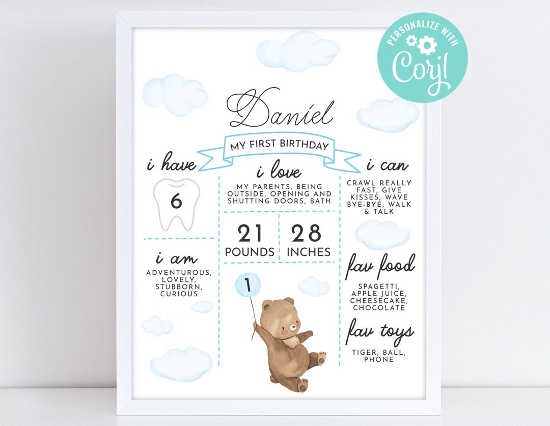 Teddy Bear First Birthday Milestone Board Cute Beary 1st Birthday Boy ...
