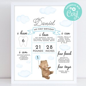 Teddy Bear First Birthday Milestone Board Cute Beary 1st Birthday Boy Blue Balloon Milestone Sign Digital Printable Editable Template