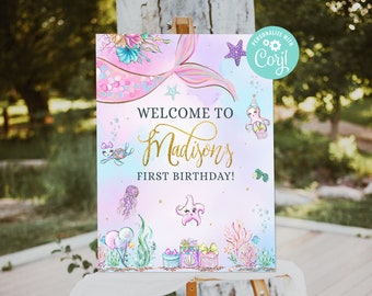 Mermaid First Birthday Welcome Sign Girl Mermaid Tail Ocean Life Under the Sea Decor Welcome Outdoor Yard Sign Editable Template Printable