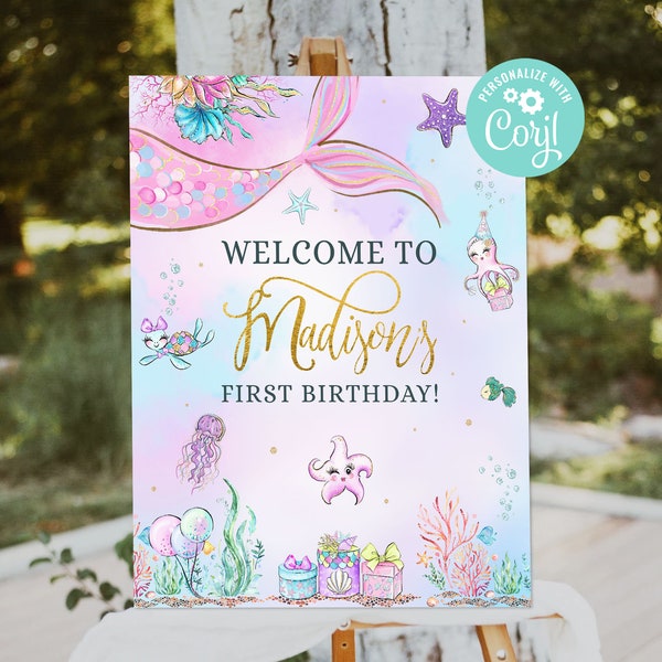 Mermaid First Birthday Welcome Sign Girl Mermaid Tail Ocean Life Under the Sea Decor Welcome Outdoor Yard Sign Editable Template Printable