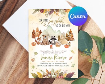 May include: A baby shower invitation with a watercolour design. The invitation features the text "Our Little Pumpkin is on the Way!" and includes illustrations of woodland animals, pumpkins, and autumn leaves. The invitation also includes the name "Vanesa Rivera", date, time, and location.