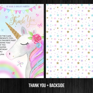 Magische verjaardag Unicorn Bedankkaart meisje serene gouden roze rozen Instant Download magische roze partij bewerkbare sjabloon digitale Corjl