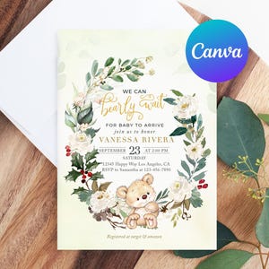 Teddy Bear Baby Shower Invitation We Can Bearly Wait Cute Baby Bear Cub Floral Greenery Printable Editable Template Digital Printed Invites