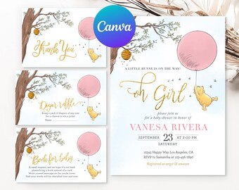 Classic Winnie the Pooh Baby Shower Invitation Girl Hunny Pink Balloon Invite Printable Editable Thank You Diaper Raffle Book Request Card