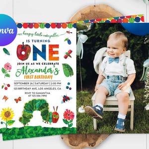 Very Hungry Caterpillar First Birthday Invitation Card Photo Picture Birthday Party Decoration Invite Editable Template Digital Printable