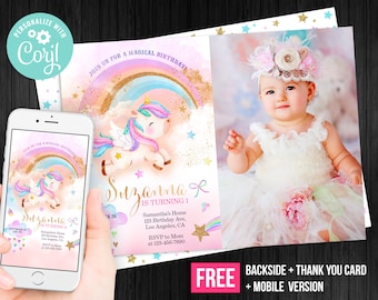 Unicorn Magical Birthday Invitation Girl Thank You Card with Photo Picture Pink Star Instant Download Invite Editable Template Digital Corjl