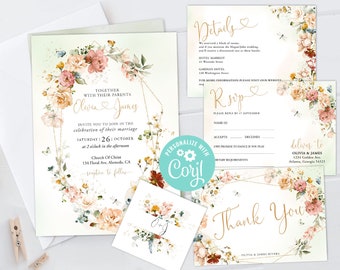 Wedding Invitation Suite Templates Set RSVP, Thank You Card, Favor Tag, Details Colorful Blush Garden Watercolor Wildflower Flower Butterfly