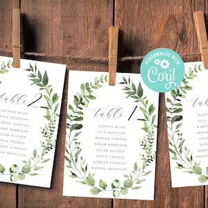 Hochzeit Sitzplan Kartenvorlage Tischnummer digitaler Download oder gedruckt grün Eukalyptusblätter grün rustikal Kranz botanisch Corjl