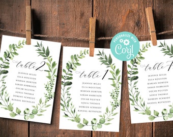 Hochzeit Sitzplan Kartenvorlage Tischnummer digitaler Download oder gedruckt grün Eukalyptusblätter grün rustikal Kranz botanisch Corjl