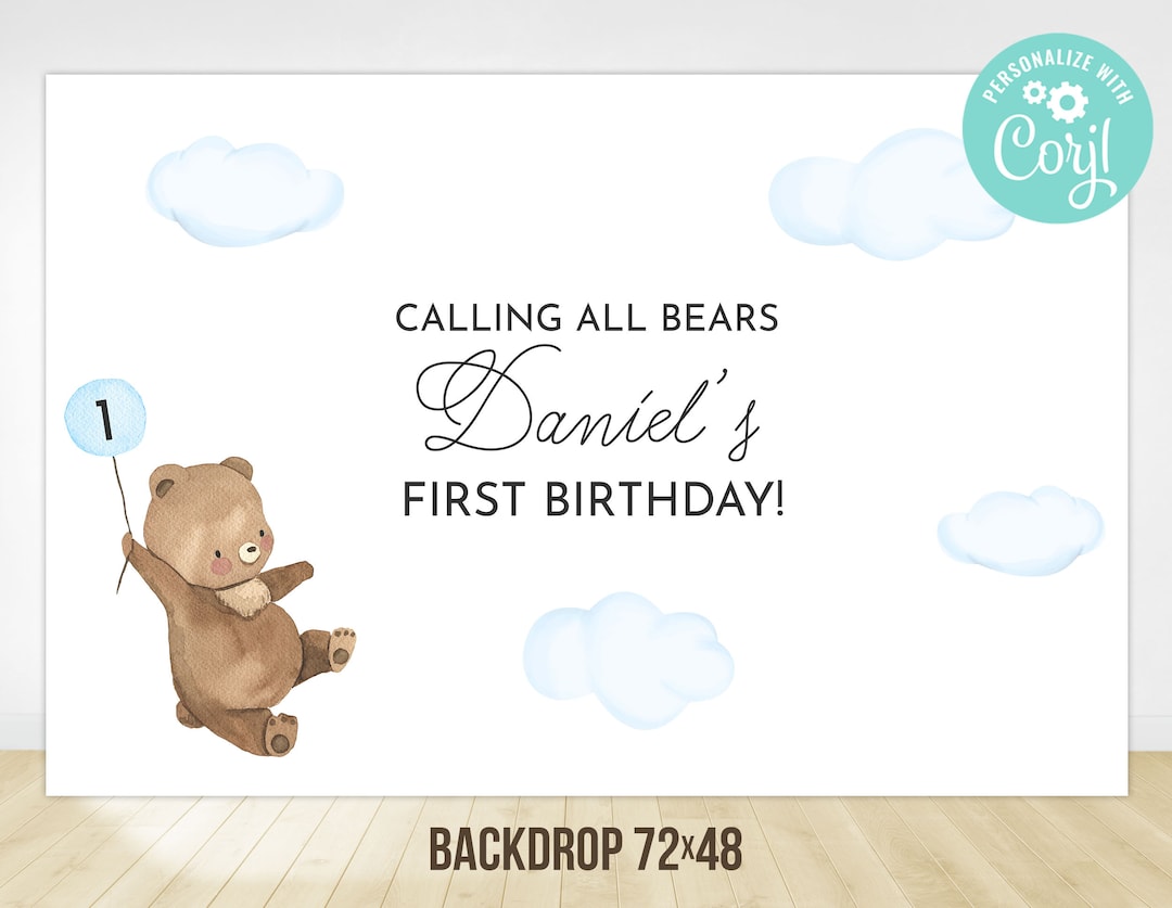 Beary First Birthday Backdrop Cute Teddy Bear 1st Birthday Boy Blue